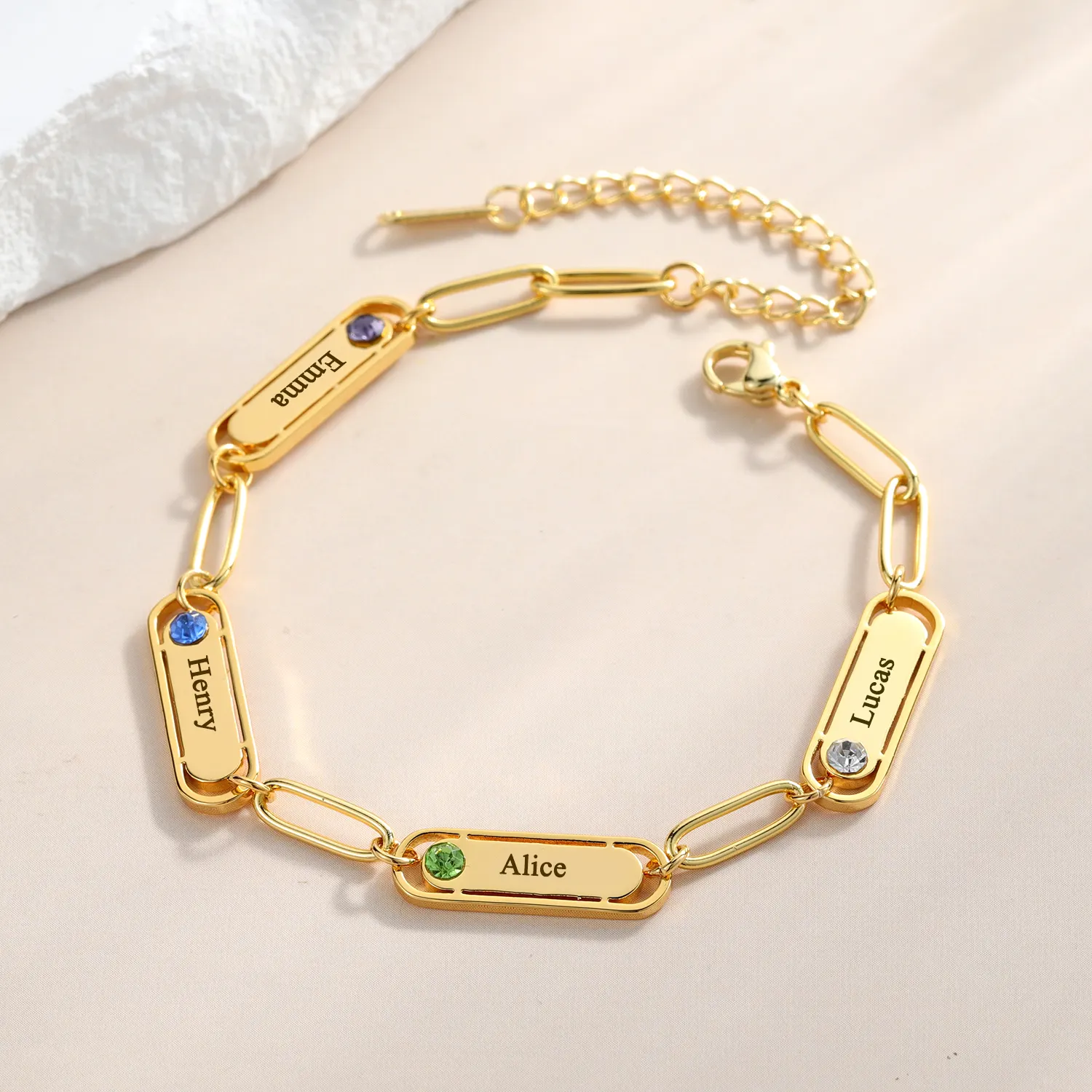 Braccialetto con nome personalizzato con Birthstone personalizzato inciso nomi di famiglia braccialetto gioielli placcato in oro 18k