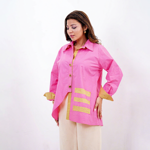 Chemise rose à manches longues boutonnée pour femme avec blocs de couleur contrastés, coupe ample, haut décontracté pour les occasions festives - Product Image 1