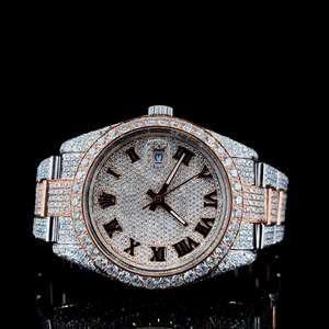 Luxury <b>Seiko</b> Quartz Stainless Steel Iced Wristwatch Diamond Bracelet Roman Numeral Dial Rose <b>Gold</b> Accents Sparkling Face for Men - Product Image 1