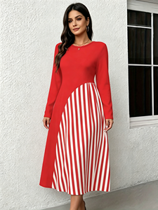 SWEET BABE ชุดเดรสแขนยาวสีแดงและสีขาวสำหรับผู้หญิง ดีไซน์เข้ารูปช่วงเอว - ชุดเดรสทรงเอสุดเก๋สำหรับทุกโอกาส - Product Image 5