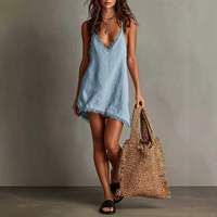 Nouvelle Robe Courte Bohème Tissée Printemps 2026 à Col en V, Bretelles et Pompons, Couleur Unie, Idéale pour les Vacances à la Plage
