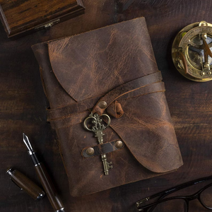 สมุดบันทึกหนังทำมือพร้อมกุญแจโบราณ กระดาษขอบดิบสไตล์วินเทจ สมุดจดบันทึกแบบเรียบง่าย - Product Image 2