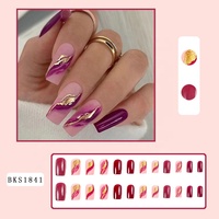 24 Pièces Faux Ongles Longs Cercueil Effet Dégradé Violet-Rouge Doré à la Feuille, Ongles à Coller