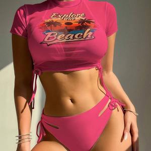 S062 2025 новый европейский и американский сексуальный комплект бикини из трех частей для женщин топ с сетчатым принтом для отпуска - Product Image 3