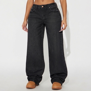 Jeans Baggy Neri da Donna OEM/ODM a Vita Alta, Gamba Larga, in Denim Lavato Effetto Vintage, Pantaloni Charcoal Vestibilità Ampia, Produzione di Fabbrica - Product Image 3