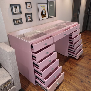 Modern PINK Wood Lighted <strong>Makeup</strong> Vanity Dressing <strong>Table</strong> with Storage Panel Mirror for Hotel Apartment Bedroom - Product Image 3