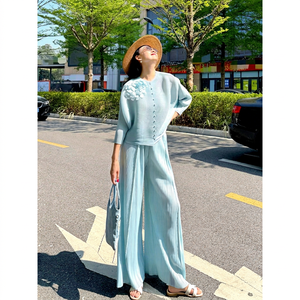 Light Blue Solid Candy Color Knitted Sweater Set with Pleated Pants <b>Three</b> Quarter Sleeve Loose Fit Casual Summer Outfit - Product Image 1