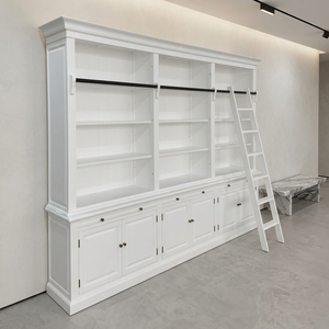 Natural <strong>mahogany</strong> wood <strong>bookcase</strong> designed with three bays adjustable shelves and iron rail ladder for attractive organized storage - Product Image 5