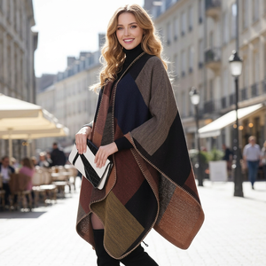 Women's Oversized Color Block <b>Poncho</b> Shawl <b>Wrap</b> Cape with Open Front Drape for Autumn Winter Casual Wear - Product Image 2