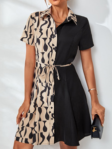 Robe d'été style européen et américain, color-block, à manches courtes, sans col, coupe ajustée, avec ceinture à nouer, type cardigan - Product Image 2