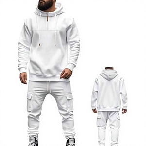 Unisex <b>White</b> Hooded 2 1 Heavyweight <b>Tracksuit</b> Full Length Drawstring Sweatshirt Jogger Pants Solid Color Casual Wear Breathable - Product Image 5