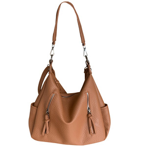 Sac fourre-tout grande capacité pour femme en cuir souple, sac seau avec poche zippée, style décontracté pour le quotidien, marron et noir - Product Image 5