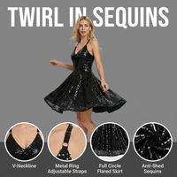 Robe Courte Femme Décontractée à Paillettes Scintillantes en Spandex, Col en V, Bretelles Fines, Doublée, Idéale pour Soirées et Anniversaires