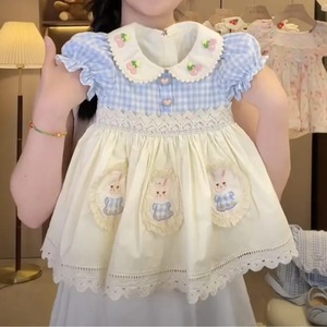 Tongxingyuan Girls Summer Sweet Dress Grid Cartoon Lace Trim Cotton Princess Style One Size Fits All - Product Image 2