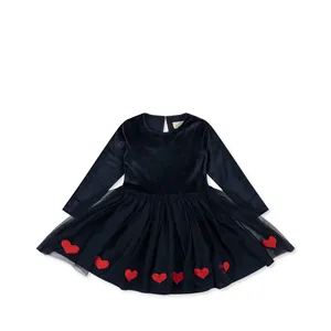 Custom Velvet Long Sleeve Tulle Dress Valentines Day Kids Red Heart Embroidery Princess Dress