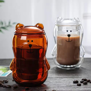 Vente en gros : Tasses en verre à double paroi avec couvercle, motif ours adorable, pour les amoureux, couleur ambre, pour une boisson saine - Product Image 6