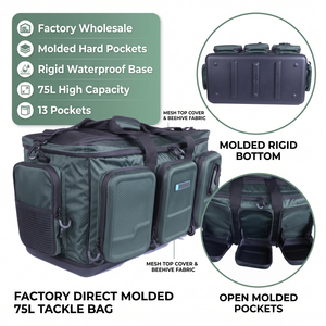 Bolsa de Pesca Impermeable de Gran Capacidad (75L) al por Mayor, OEM, Resistente, con Fondo Rígido y 13 Bolsillos - Product Image 1