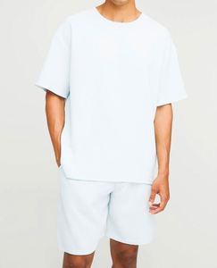 Conjunto Deportivo Holgado de Algodón 100% con Camiseta Plisada Azul Pastel de Corte Holgado y Pantalones de Longitud Media - Product Image 1
