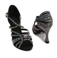 Chaussures de danse latine en satin perlé pour femmes, talons hauts scintillants avec strass, semelle en daim souple, sandales de salsa, bachata et danse de salon