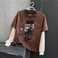 T-shirt à manches longues double couche en coton gaufré délavé et vieilli avec logo personnalisé pour homme