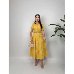 Vestido Camisero Amarillo con Cinturón, Cuello Camisero, Tejido Transpirable, Estilo Casual Diario, Largo Midi, Cintura Natural - Product Image 1