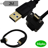 Cable de Datos USB 3.0 Estándar de 2 m con Conector USB Tipo-C de 90 Grados Chapado en Oro, Montaje en Panel con Doble Tornillo y Cubierta de PVC con Bloqueo para Cámara