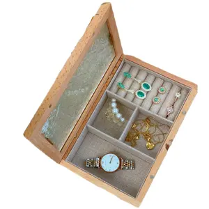 กล่องเครื่องประดับไม้กล่องเก็บกล่องเครื่องประดับด้วยกระจก Begonia วินเทจ