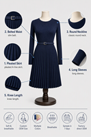 Robe en maille plissée à col rond et manches longues, ceinturée, 260 GSM, longueur genou, élégante, pour femme, opaque, personnalisable avec logo OEM, vente en gros
