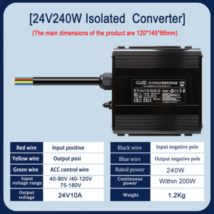 Convertisseur abaisseur isolé simple 24V10A de haute qualité pour applications automobiles, domestiques et industrielles, stabilisateur de tension moteur 90% HJ24V10V-G - Product Image 2