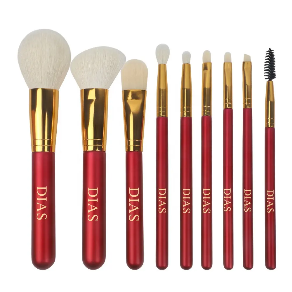 DIAS Synthetic Luxury OEM Custom Logo Face Make Up Brush, Gold Red Wooden Vegan Natural Hair 9pcs Private Label Makeup Brush Set