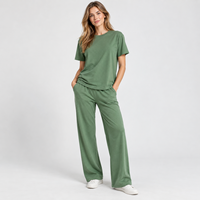 Ensemble deux pièces pour femme en coton biologique, t-shirt et pantalon vert, marque privée personnalisée, faible MOQ, fabricant en gros