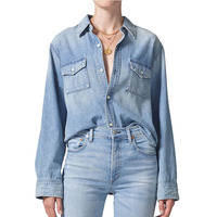 Ropa vaquera clásica para mujer, cuello extendido, manga larga, bolsillo en el pecho, camisa de otoño, ropa informal, blusa vaquera ligera para mujer