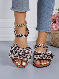 Summer Women Leopard Print Flat Sandals Sweet Big <b>Bow</b> Design Elastic Ankle Strap Casual Beach Sandals - Product Image 1