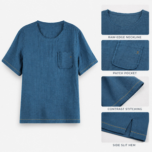 T-shirt décontracté à manches courtes pour femme en lin teint en fil, col ras du cou, bords bruts, avec poches, logo personnalisé, doux, respirant, idéal pour l'été - Product Image 3