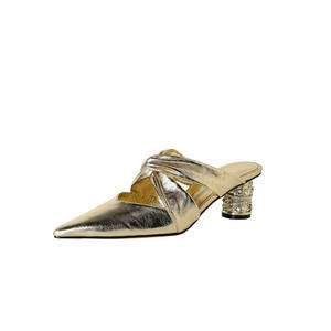 Nouvelles tongs tendance à ceinture latérale et nœud, polyvalentes, en peau de mouton, avec talon cylindrique orné de perles et de diamants - Product Image 5