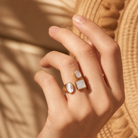 Bague en acier inoxydable plaqué or 18 carats avec incrustation géométrique en coquillage naturel, ouverte et ajustable, étanche, pour femmes