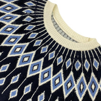 Pull-over en maille jacquard à motif géométrique losanges pour femme, col rond, bleu marine, motif blanc, épaules tombantes, bordure côtelée, coupe ample