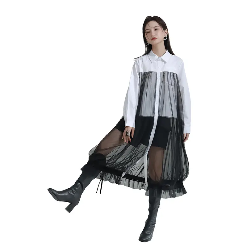 فستان نسائي من قطعتين, ملابس نسائية بتصميم شبابي لمنتصف طول قميص تنورة من نسيج شبكي من الشاش من قطعة واحدة لعام 2023