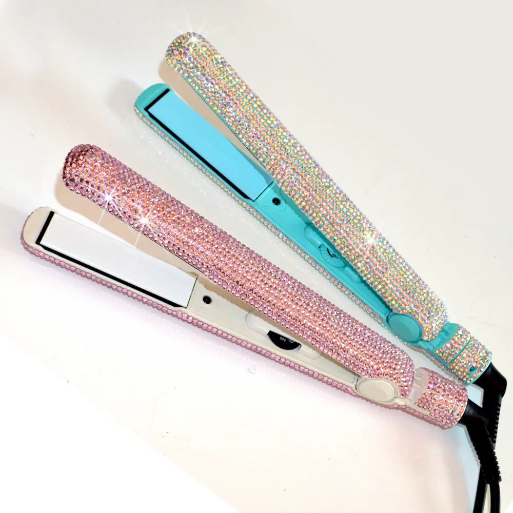 Bidisco Portable Professional Electronic Bling Flat Iron Crystal Diamond 2 In 1 Negative Lon Curler Hair Straightener