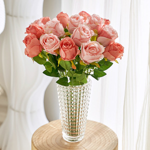 Ramo de Rosas Artificiales de Seda, Rosa Oscuro, Rosa Claro, Alta Simulación, Decoración para Bodas y Hogar - Product Image 3