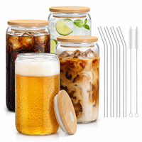 Lot de 4 verres transparents sans BPA de 16 oz avec couvercles en bambou, pailles en verre et brosses de nettoyage – Lavables au lave-vaisselle, personnalisables avec votre logo