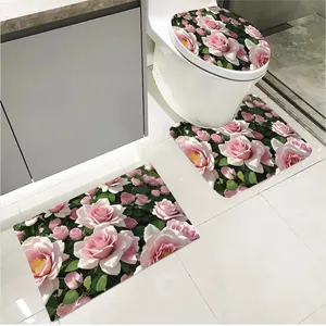 Venta al por mayor personalizado Rosa antideslizante Chenille en forma de U alfombra de baño juegos de alfombras de espuma viscoelástica Juego de 3 piezas