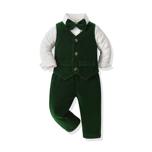 Ensemble de costume 3 pièces pour enfant en velours vert, avec <span class=keywords><strong>gilet</strong></span>, chemise à manches longues, pantalon et nœud papillon, idéal pour mariage, fête ou séance photo - Product Image 5