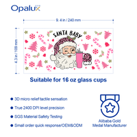 Stock d'usine, série de Noël rose, UV pour transfert sur pot en verre de 16 oz, motif de Noël mignon, nœud de Noël, bonbons, léopard, Père Noël, design de tasse
