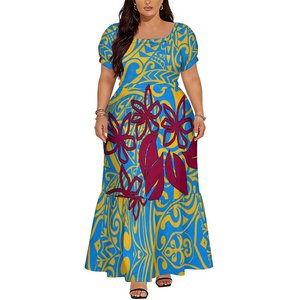 Robe longue maxi personnalisée pour <span class=keywords><strong>femme</strong></span> grande taille, motif tribal polynésien violet, col carré, manches courtes bouffantes, à volants superposés - Product Image 4
