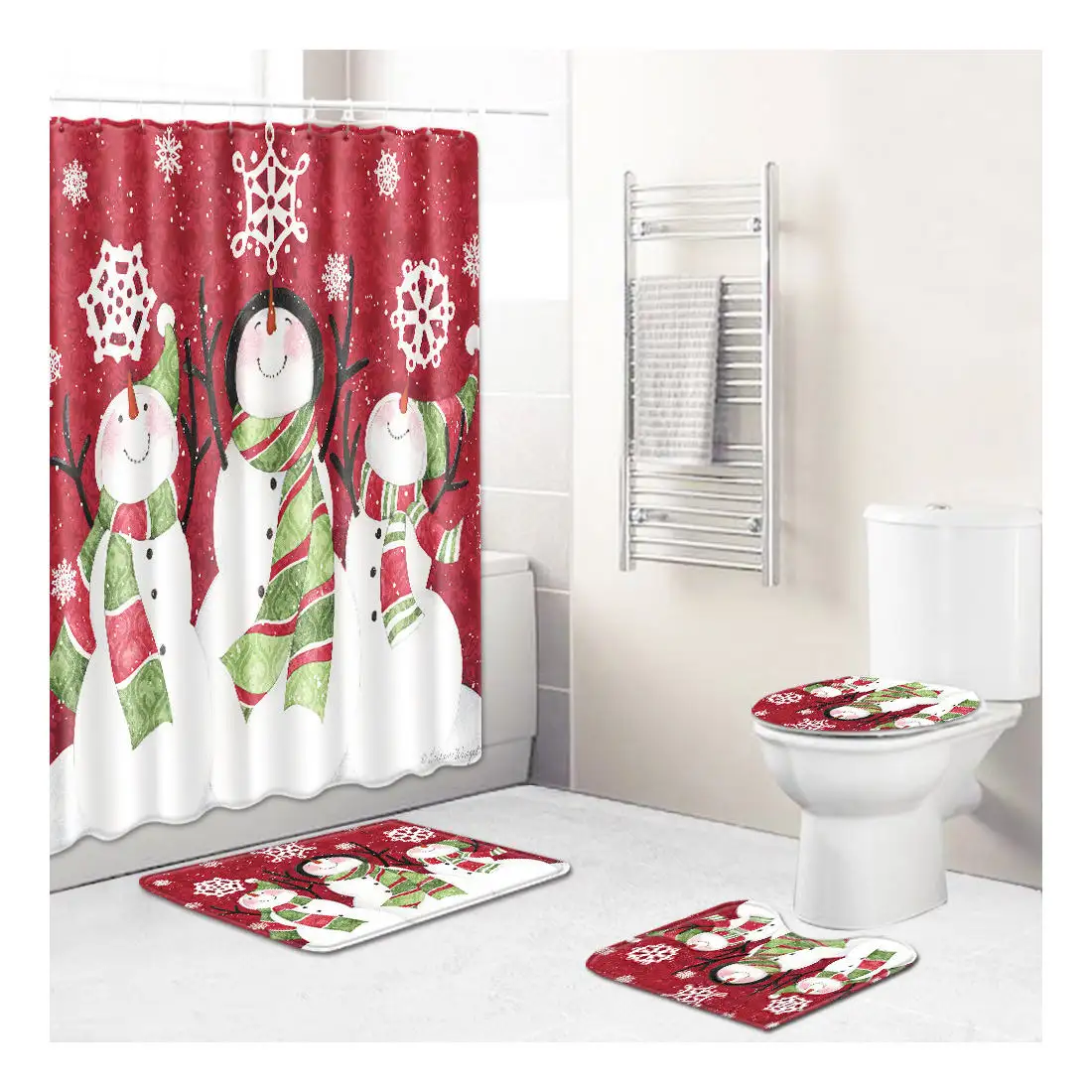 4PCS Christmas Theme Shower Curtain Set Bathroom Shower Christmas Shower Curtain Set For Bathroom