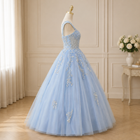 Robe de bal de luxe en tulle bleu clair avec appliques, épaules dénudées, pour Quinceañera, robe de princesse, robe de soirée, sur mesure, OEM, ODM, vente en gros