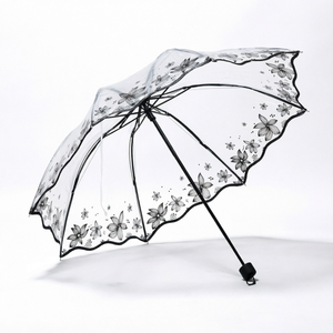 Parapluie pliant manuel de haute qualité avec impression papillon et motif floral, design dôme à trois volets festonné, transparent, idéal pour les cadeaux d'affaires - Product Image 1