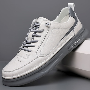 Baskets décontractées en cuir pour hommes, bout rond, à lacets, plateforme, semelle en caoutchouc, confortables, toutes saisons, chaussures épaisses, doublure en maille blanche - Product Image 3
