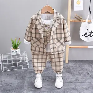 2024 printemps automne enfant en bas âge Boutique vêtements formels à manches longues gilet chemise Plaid Blazer pantalon 3 pièces garçons costumes de mariage